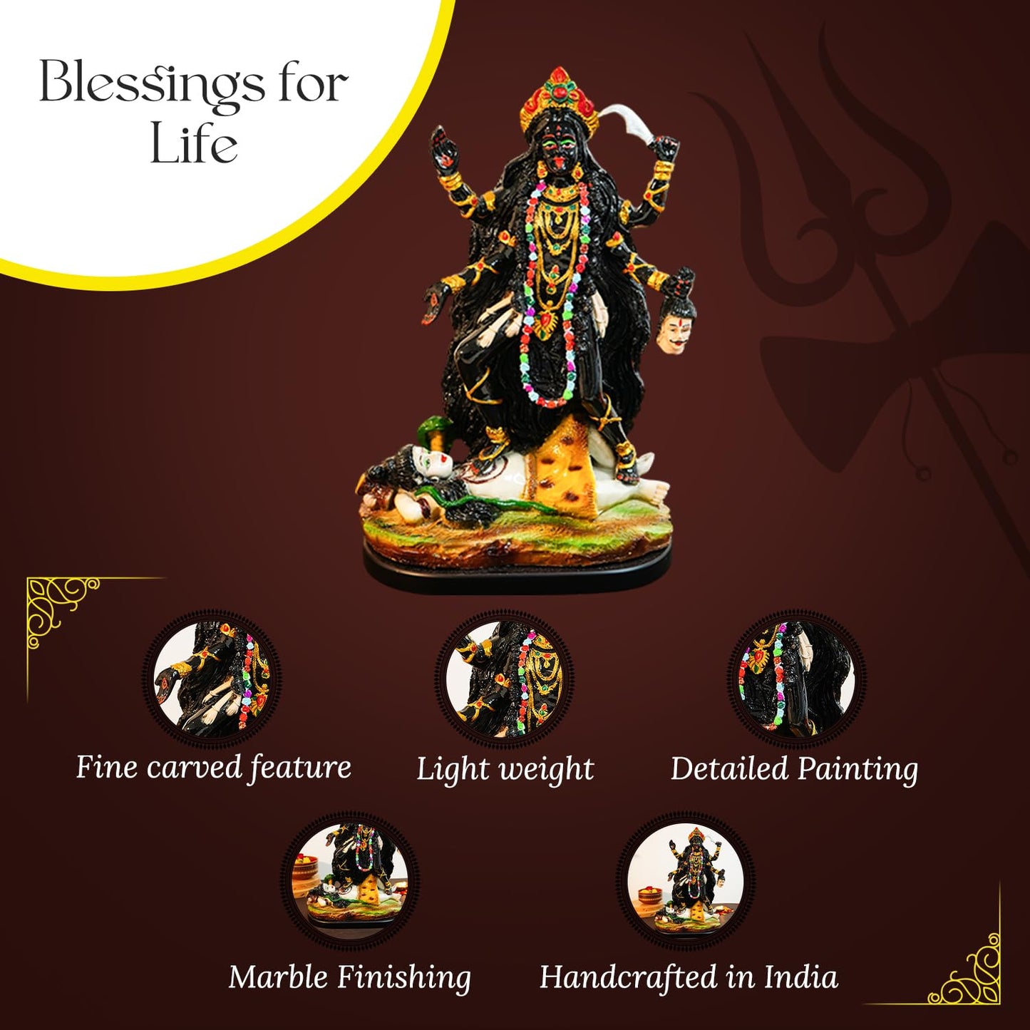 Ekhasa Aura Series Big Size Marble Dust Kaali Maa Idol (1 Feet) | Handpainted MATA Rani Murti for Home Decor, Puja | Resin Maa Kaali Goddess for Office Desk | Kali Durga MATA Murti for Gift