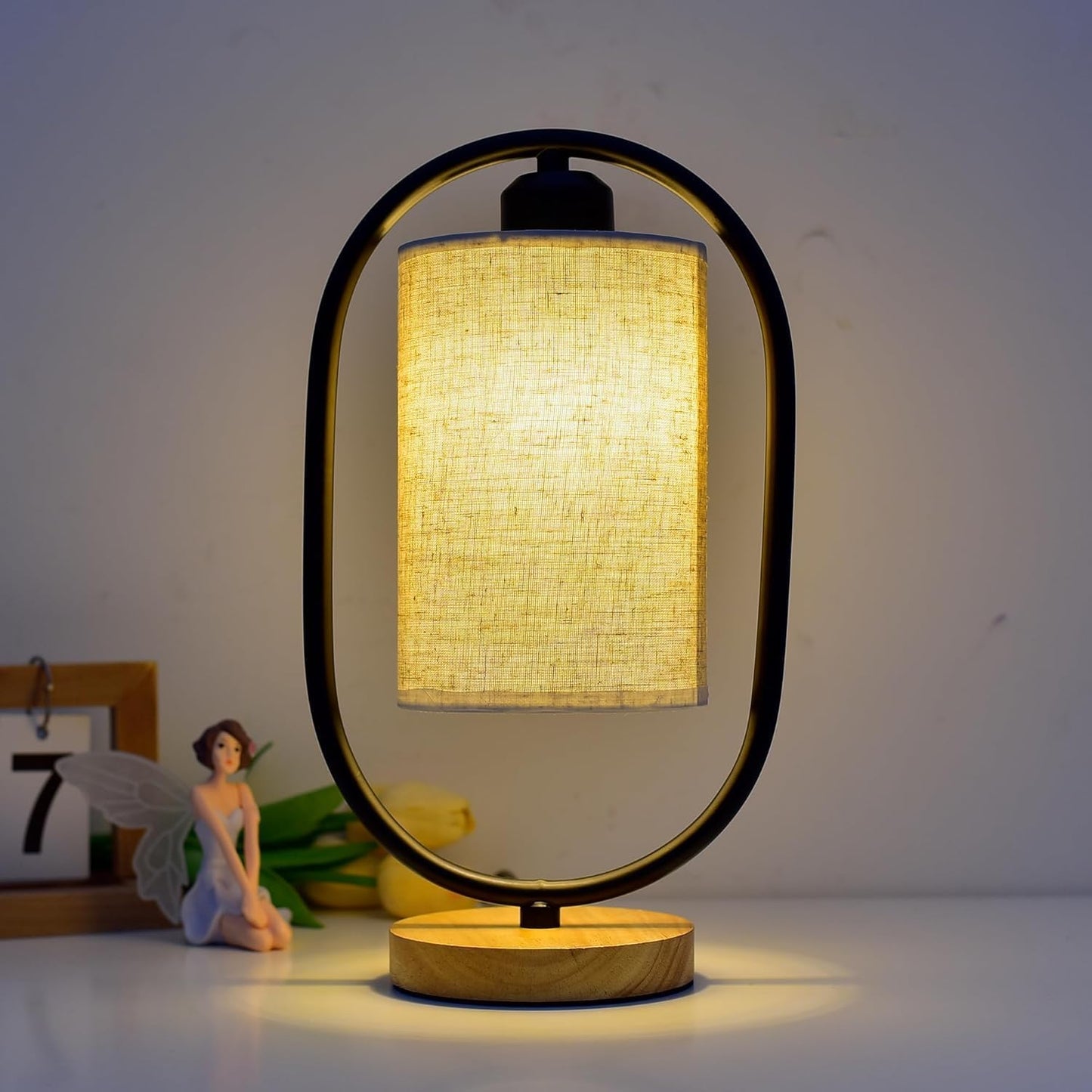 Ekhasa Wooden Dimmable Bedside Lamp | Table Lamps for Home Decoration with Fabric Shade | Wooden Base Side Table Lamp for Living Room | Bed Side Lamp | Aesthetic Night Bed Lamps for Bedroom