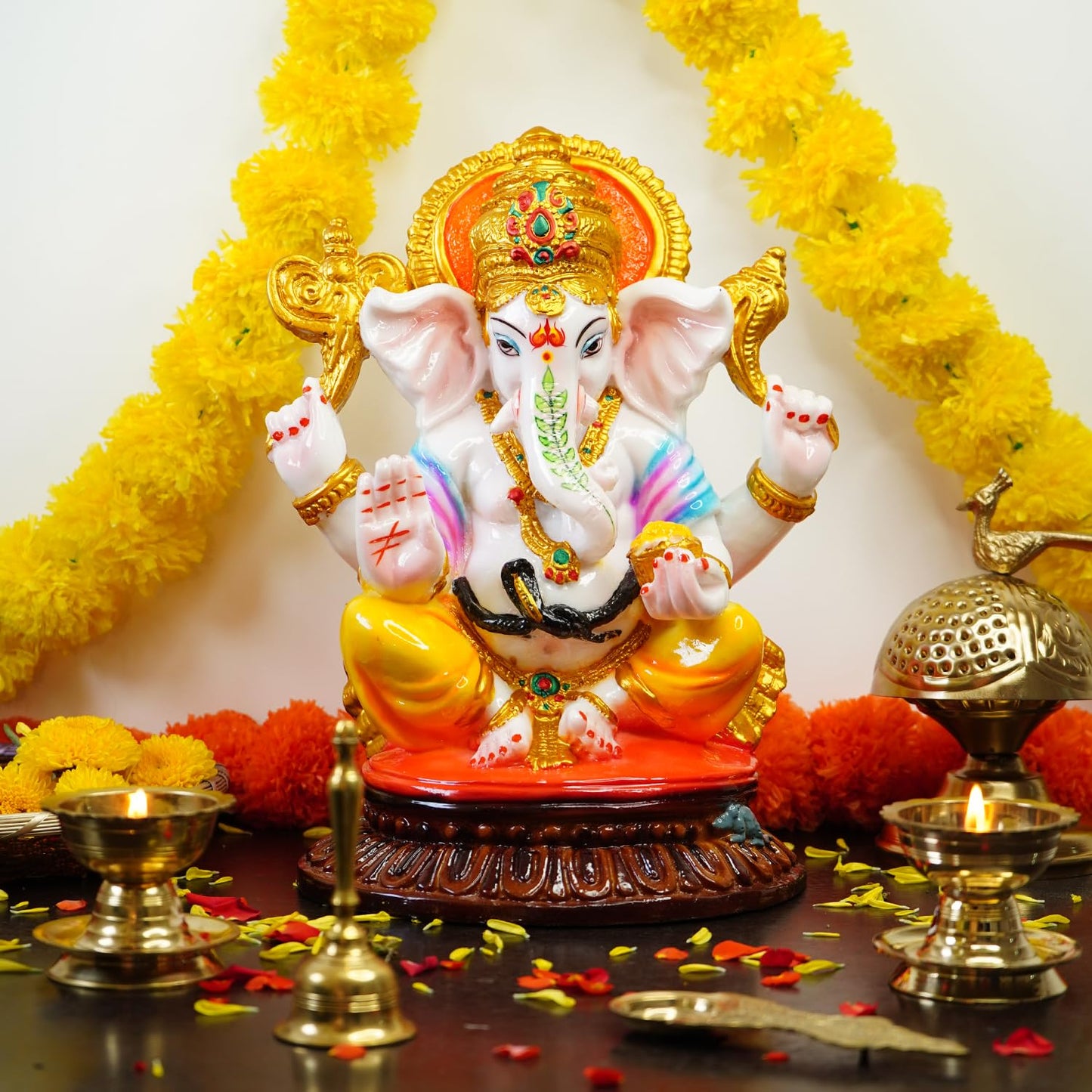 Ekhasa Aura Series Big Size Marble Dust Ganesha Idol (1 Feet) | Handpainted Ganesh Murti for Pooja Room, Home Decor, Office Desk | Resin Vinayagar Statue for Diwali Puja | Vinayaka Idol for Gifting