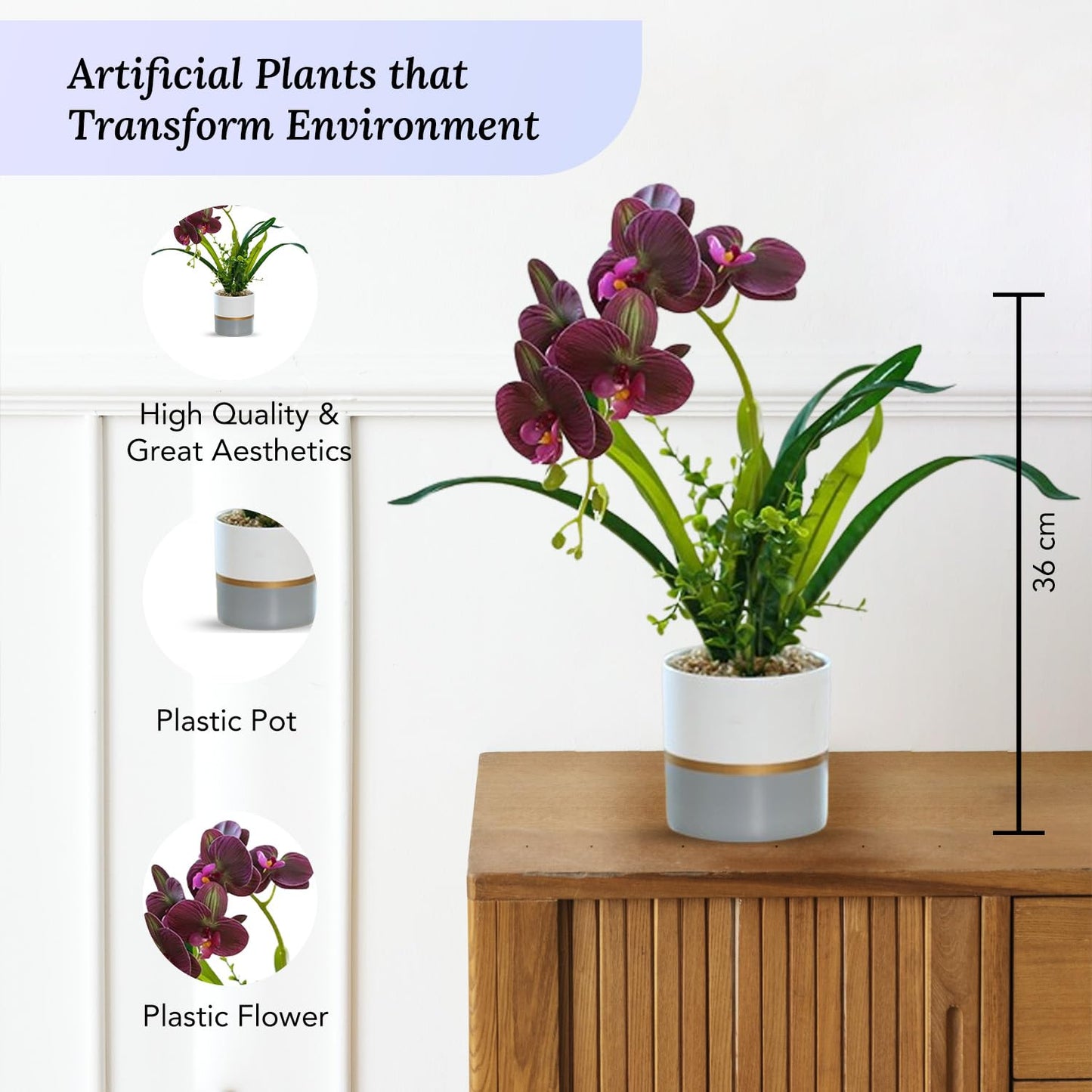 Ekhasa Moth Orchid Artificial Flowers with Vase Pot for Home Decoration (36 CM Total Height, 6 Flower Heads) | Guldasta Flower Pots with Artificial Show Flower for Living Room, Dining Table, Bedroom
