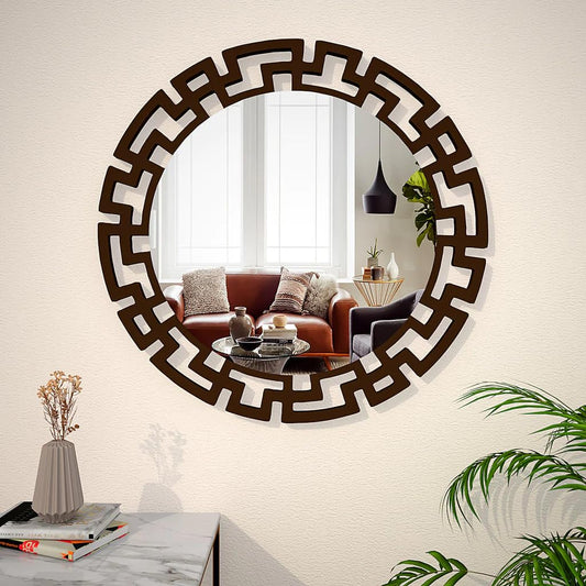 Ekhasa Wooden Wall Mirror (Mirror Size - 14 inch, Frame Size - 19 inch) | Perfect for Living Room, Bedroom, Bathroom, Home Decor | Round Design with Compressed Wooden Frame Wall Mount Mirror