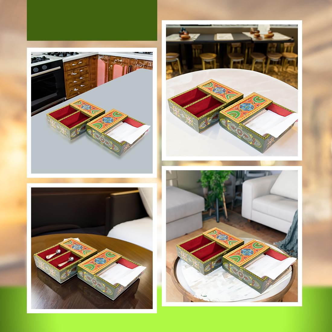 Ekhasa Tissue Paper Box Cutlery Holder for Kitchen | Napkin Spoon Holder Stand for Kitchen Dinning Table | Handpainted Wooden Kitchen Dinning Table Organizer (Mango Wood, Set of 2)