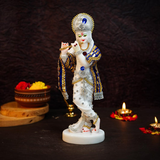 Ekhasa Aura Series Marble Dust Lord Krishna Idol with Flute (8 inch, Medium Size) | Gemstone Zircon Studded Shree Lord Krishna Statue for Home Decor | Resin Kanha Ji ki Murti | Sri Krishna Idols Gift