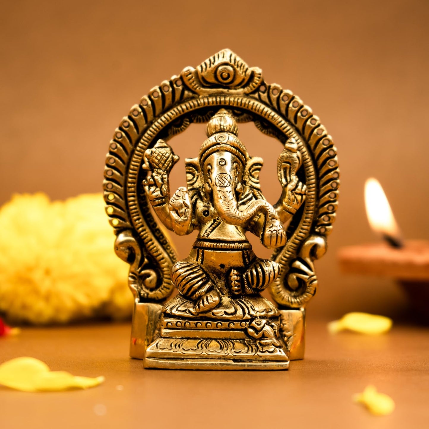 Ekhasa 100% Pure Brass Ganesha Idol (Size: 8.7 cm) | Pital Ganesh Murti for Pooja Room, Home Decor, Office Desk and Car Dashboard | Vinayagar Statue for Diwali Puja