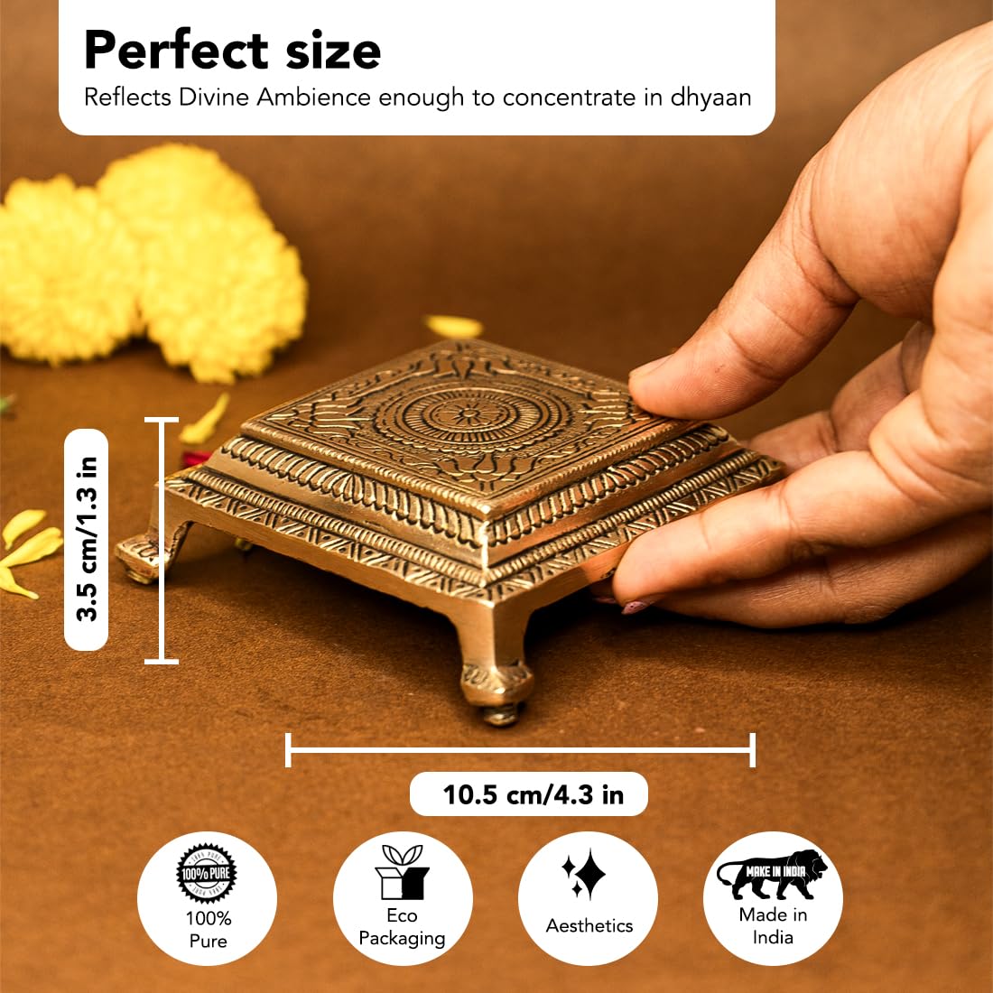 Ekhasa 100% Pure Brass Chowki for God Idols (10.5 cm) | Brass Stool Stand | Brass Small Stand Peedam for Idols | Small Bajot | Pooja Peeta Chowki Small | Pooja Stool for God | Idol Stand for God