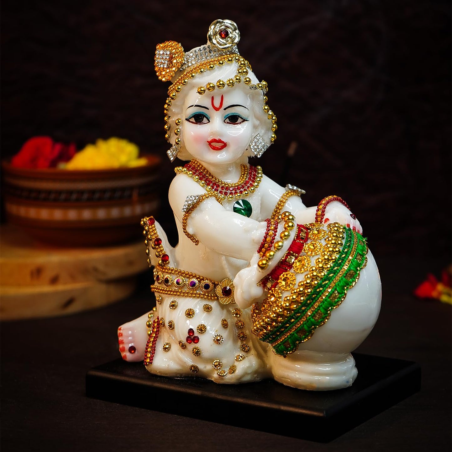 Ekhasa Aura Series Marble Dust Bal Gopal Murti (8 inch, Medium Size) | Gemstone Zircon Studded Laddu Gopal Murti for Pooja | Resin Baby Krishna Idol for Home | Sri Krishna Idols for Gift