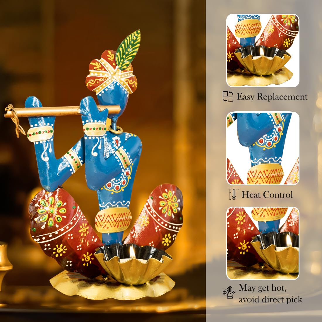 Ekhasa Handpainted Krishna Metal Tealight Candle Holder for Home Decor | Perfect Candle Stand for Diwali Decoration and Table Decor | Festival & Parties Decorative Candles Gift Items