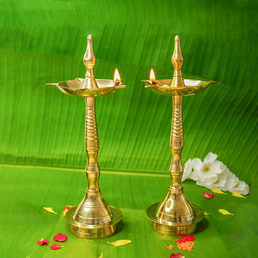 Ekhasa 100% Pure Brass Kerala Vilakku Set | South Indian Diya for Pooja | Kuthu Vilakku Deepak for Puja Set of 2 | Pital Samai for Pooja | Pithalai Nilavilakku Stand for Festivals & Return Gifts