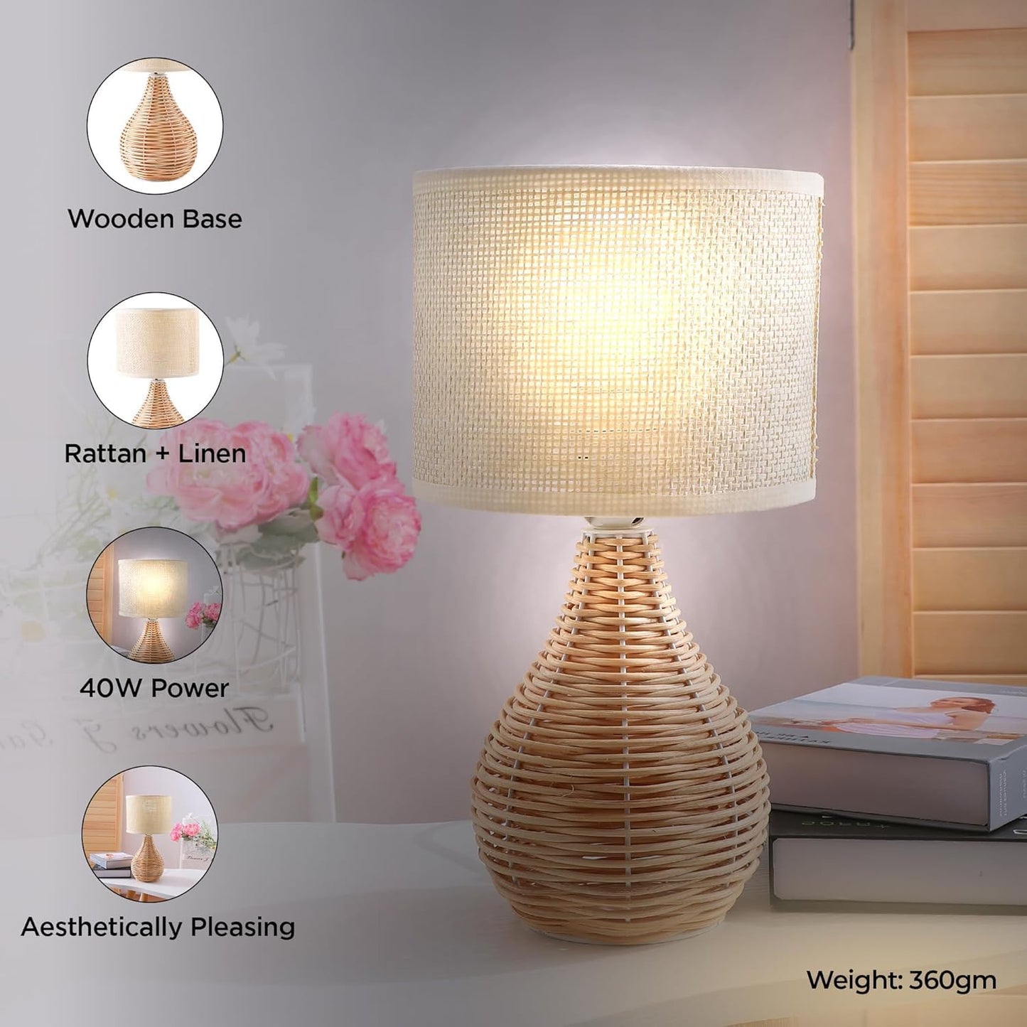 Ekhasa Rattan Bedside Lamp | Table Lamps for Home Decoration with Linen Shade | Rattan Base Side Table Lamp for Living Room | Bed Side Lamp | Aesthetic Night Bed Lamps for Bedroom