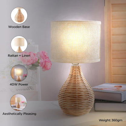 Ekhasa Rattan Bedside Lamp | Table Lamps for Home Decoration with Linen Shade | Rattan Base Side Table Lamp for Living Room | Bed Side Lamp | Aesthetic Night Bed Lamps for Bedroom