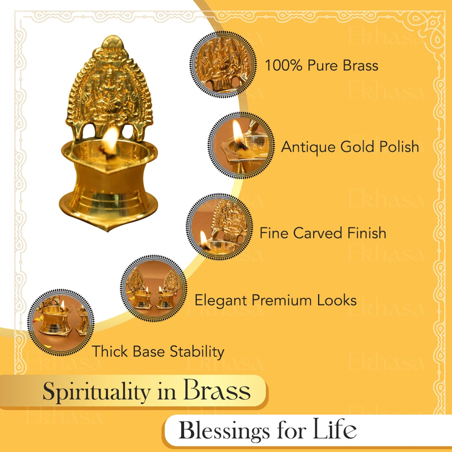 Ekhasa 100% Pure Brass Kamakshi Deepam for Pooja | Kamatchi Amman Vilakku | South Indian Diya for Pooja | Lakshmi Deepam in Brass | Pithalai Vilaku for Pooja | Ashtalakshmi Diya (Set of 2)