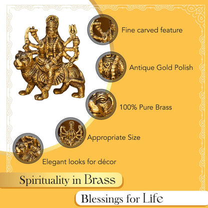 Ekhasa 100% Pure Brass Durga Maa Idol (Size: 12.8 cm) | Durga Mata Murti for Home Decor & Puja Room | Mata Rani Murti for Office Desk | Maa Durga Murti for Gift | Sherawali Mata Murti