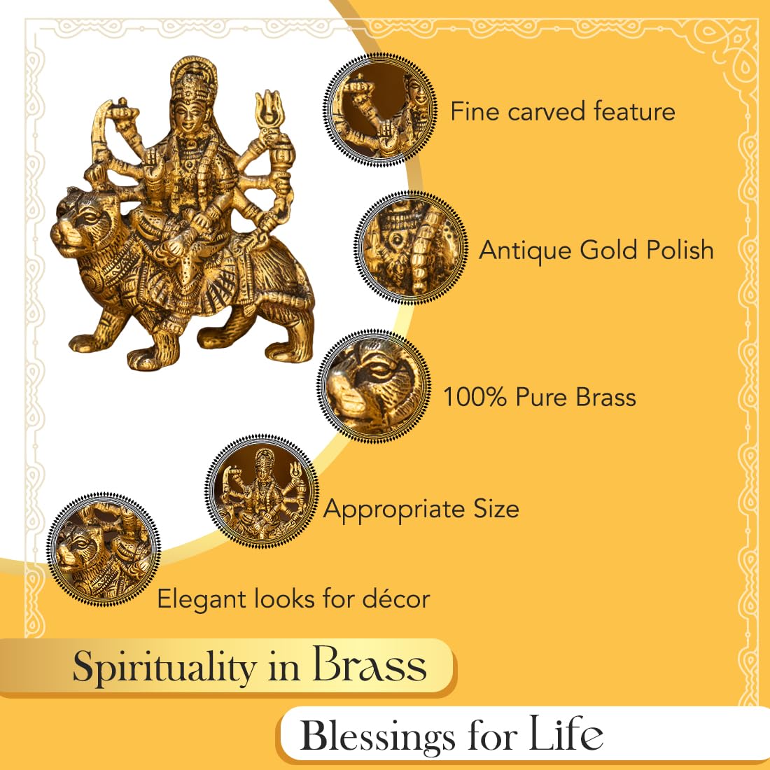 Ekhasa 100% Pure Brass Durga Maa Idol (Size: 14 cm) | Durga MATA Murti for Home Decor & Puja Room | MATA Rani Murti for Office Desk | Maa Durga Murti for Gift | Sherawali MATA Murti