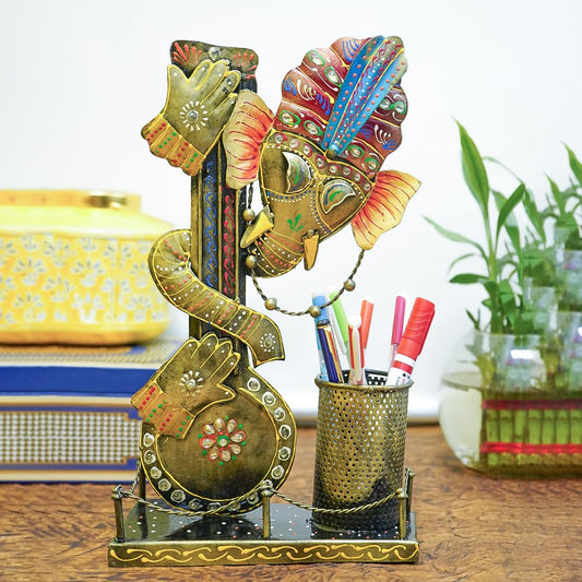 Ekhasa Metallic Antique Ganesha Aesthetic Pen Stand For Study Table and Office Desk | Decorative Pen Holder for Home, Living Room,Office, and Tabletop | Gift for D??cor Items