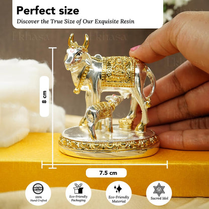 Ekhasa Kamdhenu Cow with Calf Vastu Idol | Gomatha Cow and Calf Statue for Pooja | Silver Cow Calf Idol for Home Decor, Vastu, Feng Shui, Pooja Room, Good Luck, Gift for Griha Pravesh Ceremony