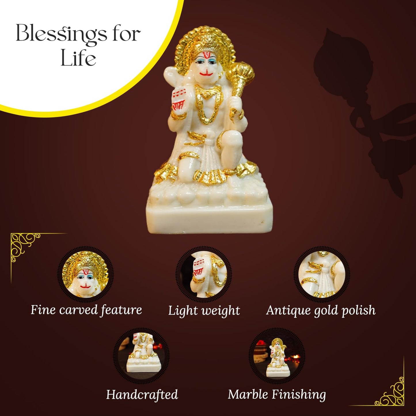 Ekhasa Aura Series Marble Dust Hanuman Ji Murti for Home Puja (5 inch) | Gold Plated Lord Hanuman Idol for Home Decor | Resin Bajrangbali Murti for Puja Room | Bahubali Hanuman Idol with Gada for Gift