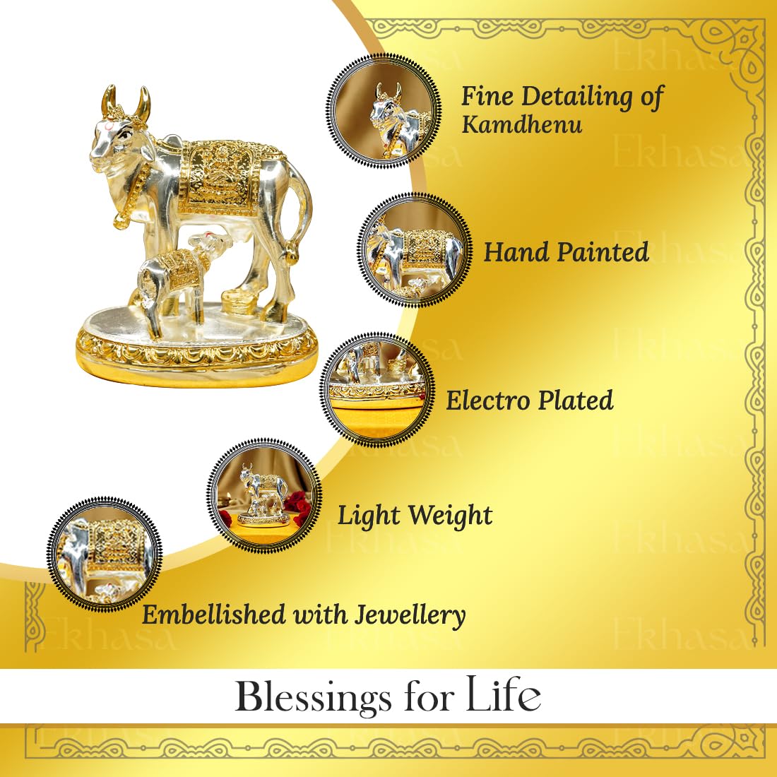 Ekhasa Kamdhenu Cow with Calf Vastu Idol | Gomatha Cow and Calf Statue for Pooja | Silver Cow Calf Idol for Home Decor, Vastu, Feng Shui, Pooja Room, Good Luck, Gift for Griha Pravesh Ceremony