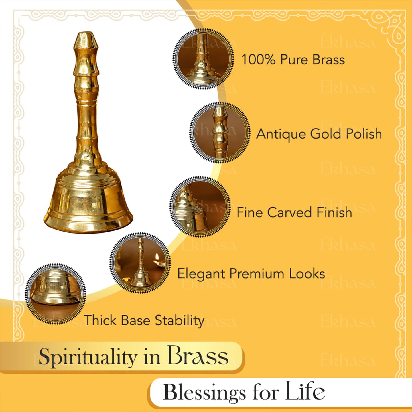 Ekhasa 100% Pure Brass Gol Ghanti for Pooja | Handcrafted Pooja Bell for Mandir | Pooja Ghanti for Home | Mandir Ghanti for Pooja | Ganti for Pooja | Puja Ghanti for Home (Size: 4 inch)