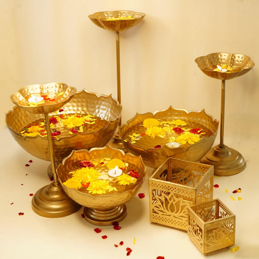 Ekhasa Big Combo Pack Taj Urli Bowl Stand & Tealight Holder for Home Decor | Floating Flowers Water Bowl Decorative Items (3 Bowls+3 Stands+2 Tealight Holders) for Diwali Pooja, Festivals Decoration