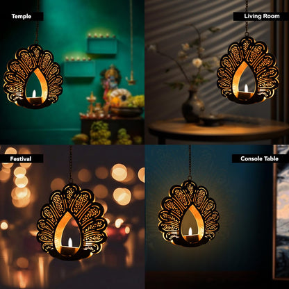 Ekhasa Hanging Tealight Candle Holder for Home Decor | Perfect Candle Holder for Wall Hanging Decor | Indoor & Outdoor, Festival Decorative Candles Gift Items (Set of 2) (Black Peacock)