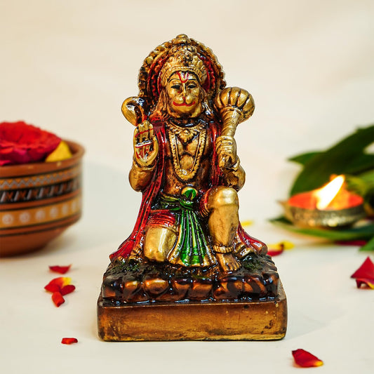 Ekhasa Aura Series Antique Gold Painted Hanuman Ji Murti (5 inch) | Marble Dust Lord Hanuman Idol for Home Decor | Resin Bajrangbali Murti for Puja Room | Bahubali Hanuman Idol with Gada for Gift