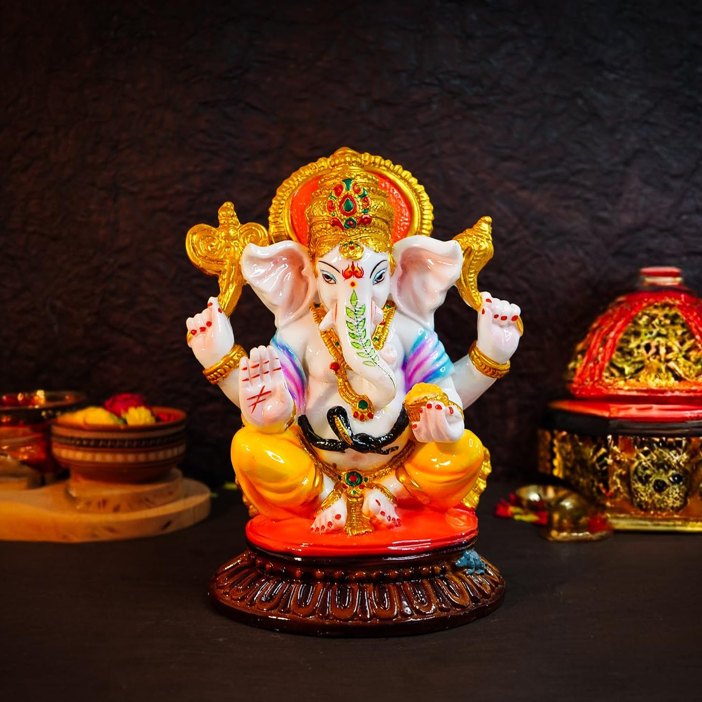 Ekhasa Aura Series Big Size Marble Dust Ganesha Idol (1 Feet) | Handpainted Ganesh Murti for Pooja Room, Home Decor, Office Desk | Resin Vinayagar Statue for Diwali Puja | Vinayaka Idol for Gifting