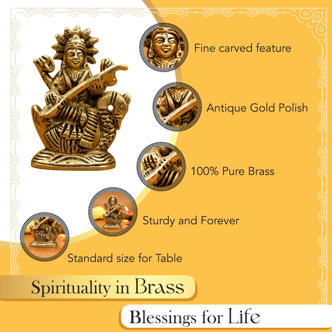 Ekhasa 100% Pure Brass Maa Saraswati Idol (Size: 8.4 cm) | Saraswati Maa Murti for Study Table, Car Dashboard, Pooja Room & Home Decor | Saraswathi Devi Pital Idol Small | Saraswati Statue for Gifting