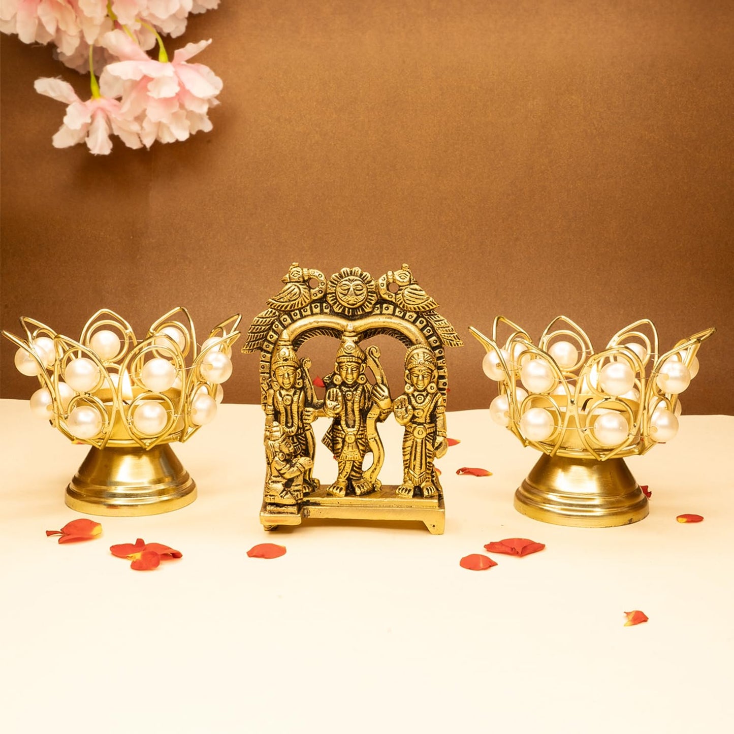 Ekhasa 100% Pure Brass Ram Darbar Murti & Tealight Candle Holder | Rama Darbar Statue for Home Decor, Office Desk | Ram Sita Laxman Hanuman Idol for Puja Room | Shree Ram Parivar (Combo)