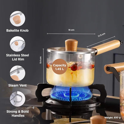 Ekhasa Glass Saucepan Cookware for Gas Stove | Sauce Pan Cooking Pot | Tea Making Vessel with Handle & Lid | Transparent Borosilicate Glass Utensils Cook Pot | Microwave Safe Chai Pan Milk Pot Boiler