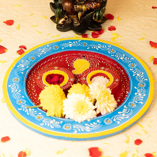 Ekhasa Mango Wood Pooja Thali for Home | Puja ki Thali for Shop | Vintage Aarti Thali for Pooja for Office | Round Shape Pooja Plate Decorative for Gift | Prasad kee Thaalee for Poojaa (Handcrafted)