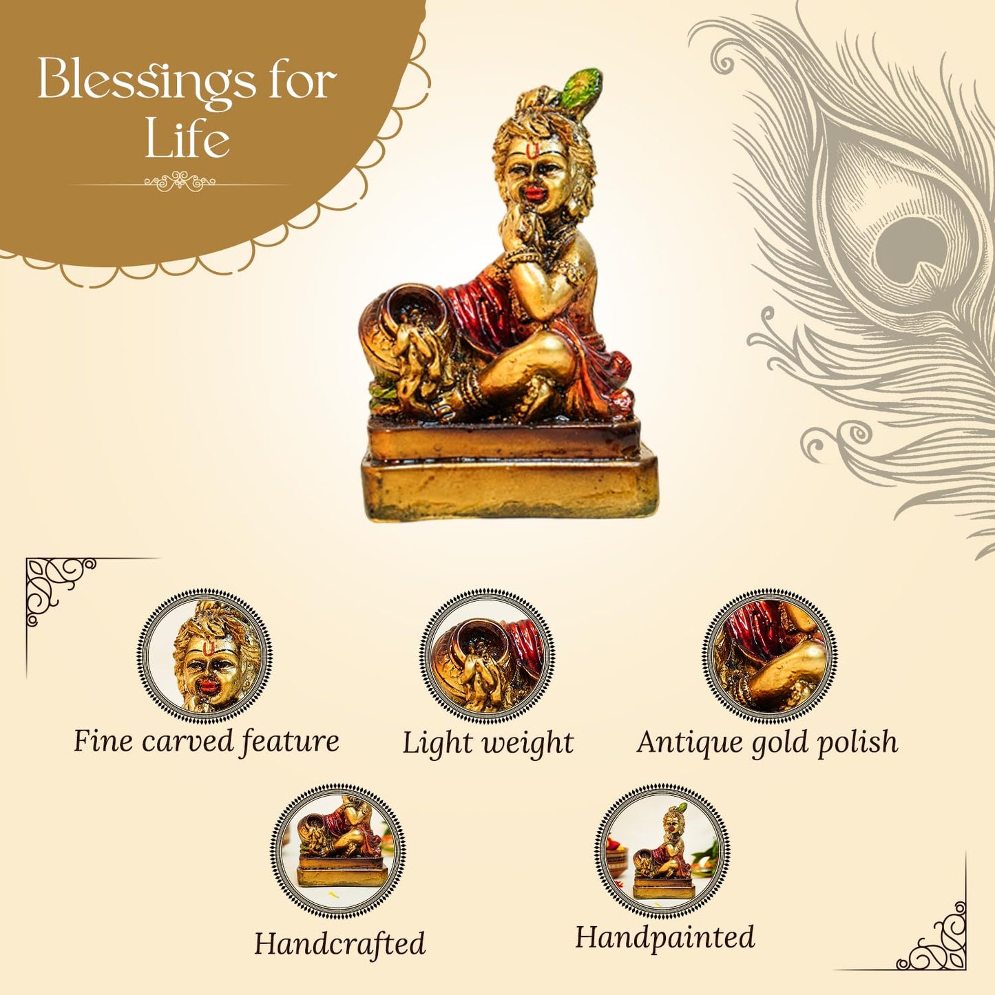 Ekhasa Aura Series Antique Gold Painted Bal Gopal Murti (5 inch) | Marble Dust Laddu Gopal Murti for Puja | Resin Baby Krishna Idol for Home | Bal Krishna Idol | Sri Krishna Idols | Makan Chor Idol