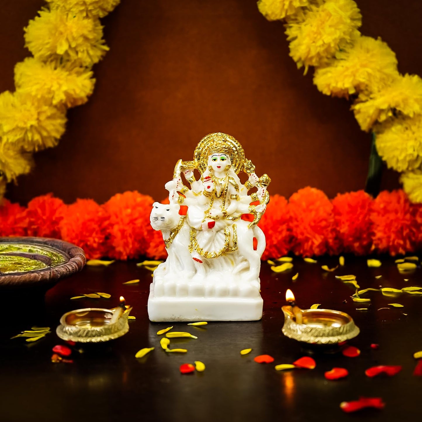 Ekhasa Aura Series Marble Dust Durga Maa Idol (5 inch) | Gold Plated Durga MATA Murti for Home Decor, Puja | Resin MATA Rani Murti for Office Desk | Maa Durga Murti for Gift | Sherawali MATA Murti