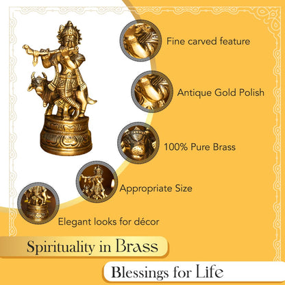 Ekhasa 100% Pure Brass Lord Krishna Idol with Flute | Shree Lord Krishna Statue for Home Decor | Kanha Ji ki Murti for Office Desk | Sri Krishna Idols Gift for House Warming Ceremony
