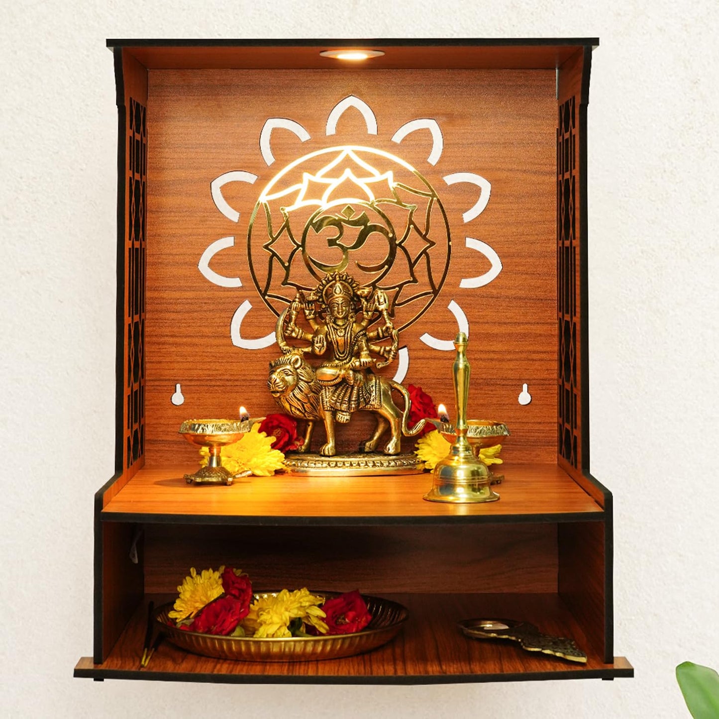 Ekhasa Wooden Pooja Mandir for Home Wall Mounted | Wooden God Temple for Home | Pooja Stand for Home | Puja Mandir for Home | Pooja Unit for Home with LED Spotlight | Temple for Office