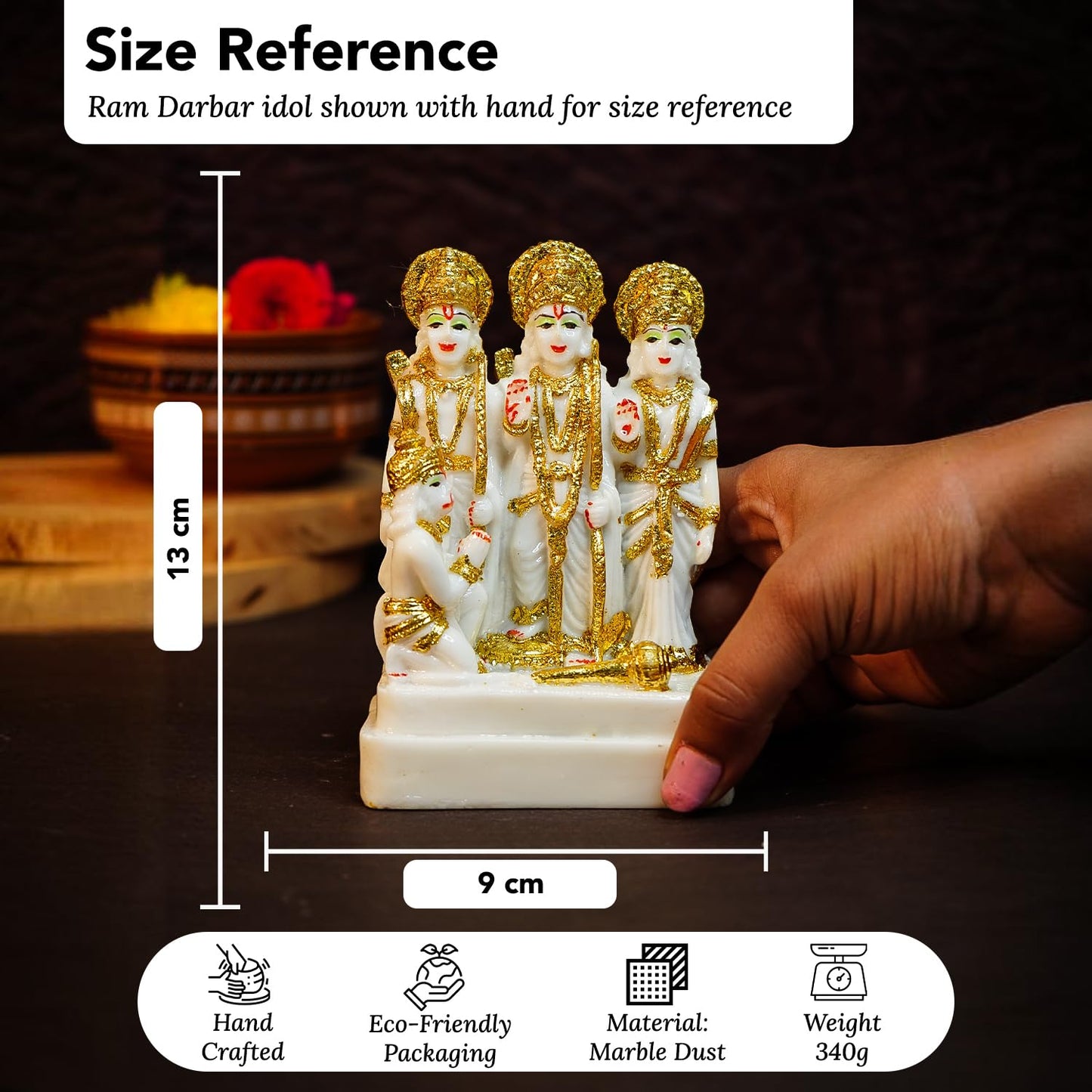 Ekhasa Aura Series Marble Dust Ram Darbar Murti (5 inch) | Gold Plated Ram Darbar Statue for Home Decor | Resin Ram Sita Laxman Hanuman Idol for Puja Room | Shree Ram Parivar Murti for Gift