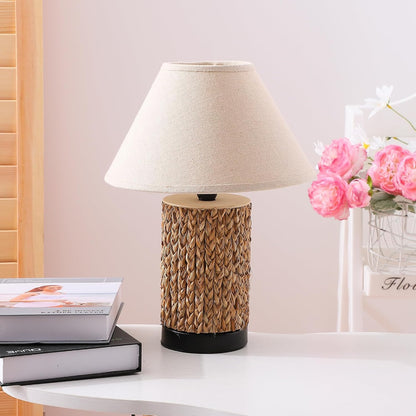 Ekhasa Wooden Bedside Lamp | Table Lamps for Home Decoration with Fabric Shade | Iron, Wooden Base Side Table Lamp for Living Room | Bed Side Lamp | Aesthetic Night Bed Lamps for Bedroom