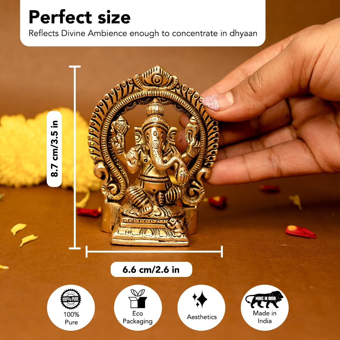 Ekhasa 100% Pure Brass Ganesha Idol (Size: 8.7 cm) | Pital Ganesh Murti for Pooja Room, Home Decor, Office Desk and Car Dashboard | Vinayagar Statue for Diwali Puja