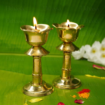 Ekhasa 100% Pure Brass Heavy Udupi Nanda Table Diya for Puja | Akhand Jyothi Deepam Kundulu for Pooja | Brass Vilakku Diyas for Pooja | Dipak Diva Deepas for Pooja | Tall Deep Pyali Stand (Set of 2)