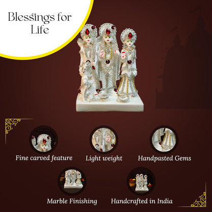 Ekhasa Aura Series Marble Dust Ram Darbar Murti (8 inch, Medium Size) | Gemstone Zircon Studded Ram Darbar Statue for Home Decor | Ram Sita Laxman Hanuman Idol | Shree Ram Parivar Murti for Gift