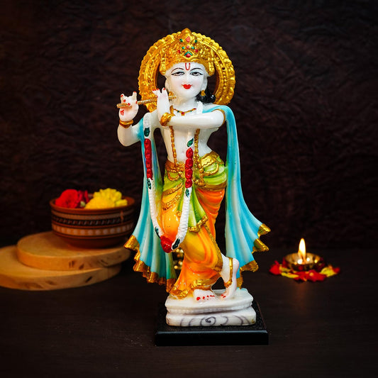 Ekhasa Aura Series Big Size Marble Dust Lord Krishna Idol with Flute (1 Feet) | Handpainted Shree Lord Krishna Statue for Home Decor | Resin Kanha Ji ki Murti for Office | Sri Krishna Idols for Gift