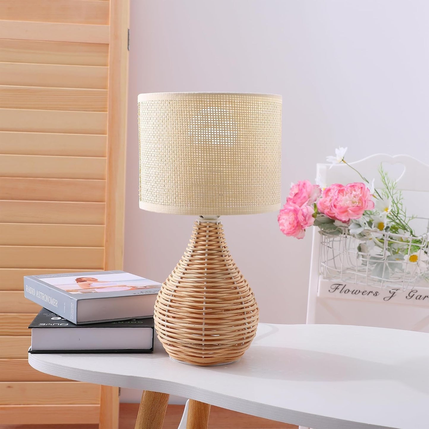 Ekhasa Rattan Bedside Lamp | Table Lamps for Home Decoration with Linen Shade | Rattan Base Side Table Lamp for Living Room | Bed Side Lamp | Aesthetic Night Bed Lamps for Bedroom