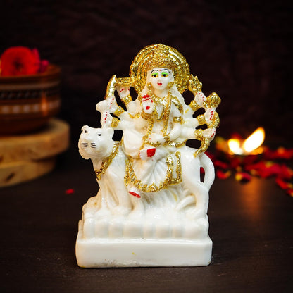 Ekhasa Aura Series Marble Dust Durga Maa Idol (5 inch) | Gold Plated Durga MATA Murti for Home Decor, Puja | Resin MATA Rani Murti for Office Desk | Maa Durga Murti for Gift | Sherawali MATA Murti