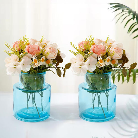 Ekhasa Blue Flower Glass Bud Vase for Home Decor | Glass Vases Home Decor for Living Room & Home Decoration | Flower Vase Aesthetic Flower Pots for Home Table Decorative Items Dining Table (Set of 2)