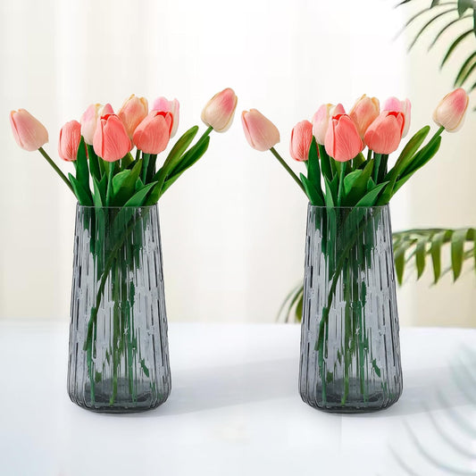 Ekhasa Grey Flower Glass Vase for Home Decor | Glass Vases Home Decor for Living Room & Home Decoration | Flower Vase Aesthetic Flower Pots for Home Table Decorative Items Dining Table (Set of 2)