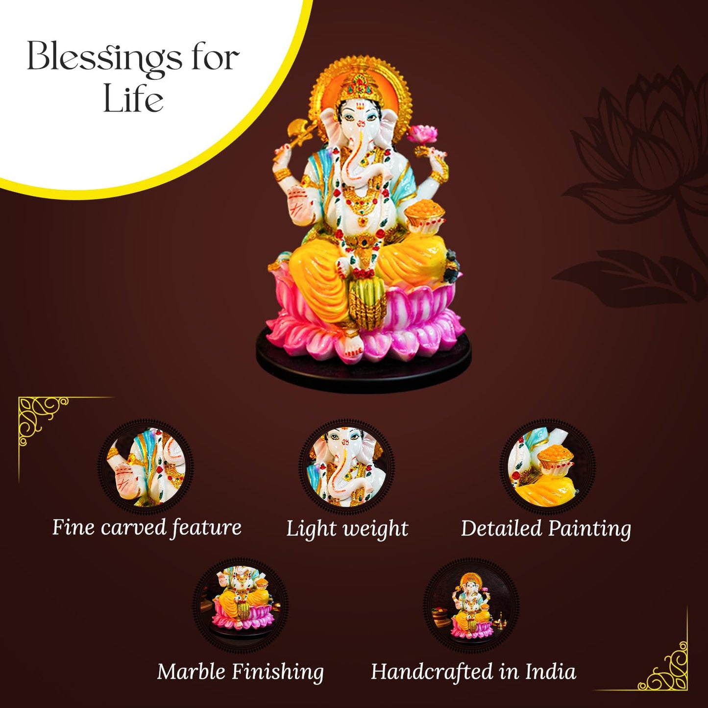 Ekhasa Aura Series Big Size Marble Dust Ganesha Idol (1 Feet) | Handpainted Ganesh Murti for Pooja Room, Home Decor, Office Desk | Resin Vinayagar Statue for Diwali Puja | Vinayaka Idol for Gifting