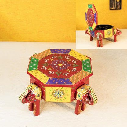 Ekhasa 100% Wooden Elephant Stool with Storage for Home Decor | Handpainted Elephant Stool for Pooja, Living Room, Balcony | Elephant Stool for Kids | Moodas or Machiya for Sitting (Mango Wood)