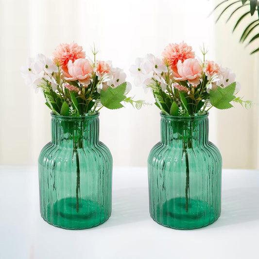 Ekhasa Green Flower Glass Vase for Home Decor | Glass Vases Home Decor for Living Room & Home Decoration | Flower Vase Aesthetic Flower Pots for Home Table Decorative Items Dining Table (Set of 2)