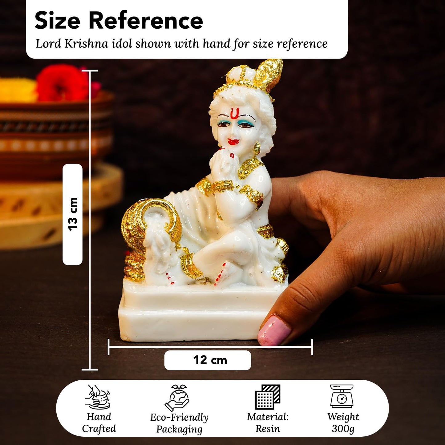 Ekhasa Aura Series Marble Dust Bal Gopal Murti (5 inch) | Gold Plated Laddu Gopal Murti for Pooja Room | Resin Baby Krishna Idol for Home | Bal Krishna Idol | Sri Krishna Idols Gift | Makan Chor Idol