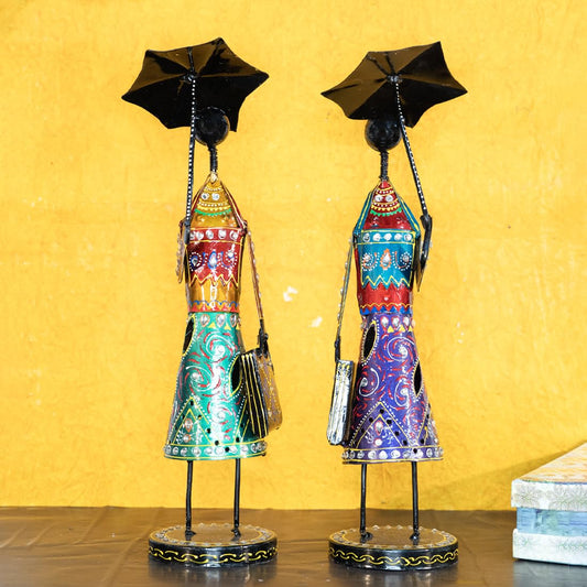 EKHASA Metal Show Pieces for Home Decor | Handcrafted Gifts for Showcase, TV Unit Decoration | Statue, Figurines, Artifacts for Table, Living Room Decoration (Tribal Ladies - Set of 2)