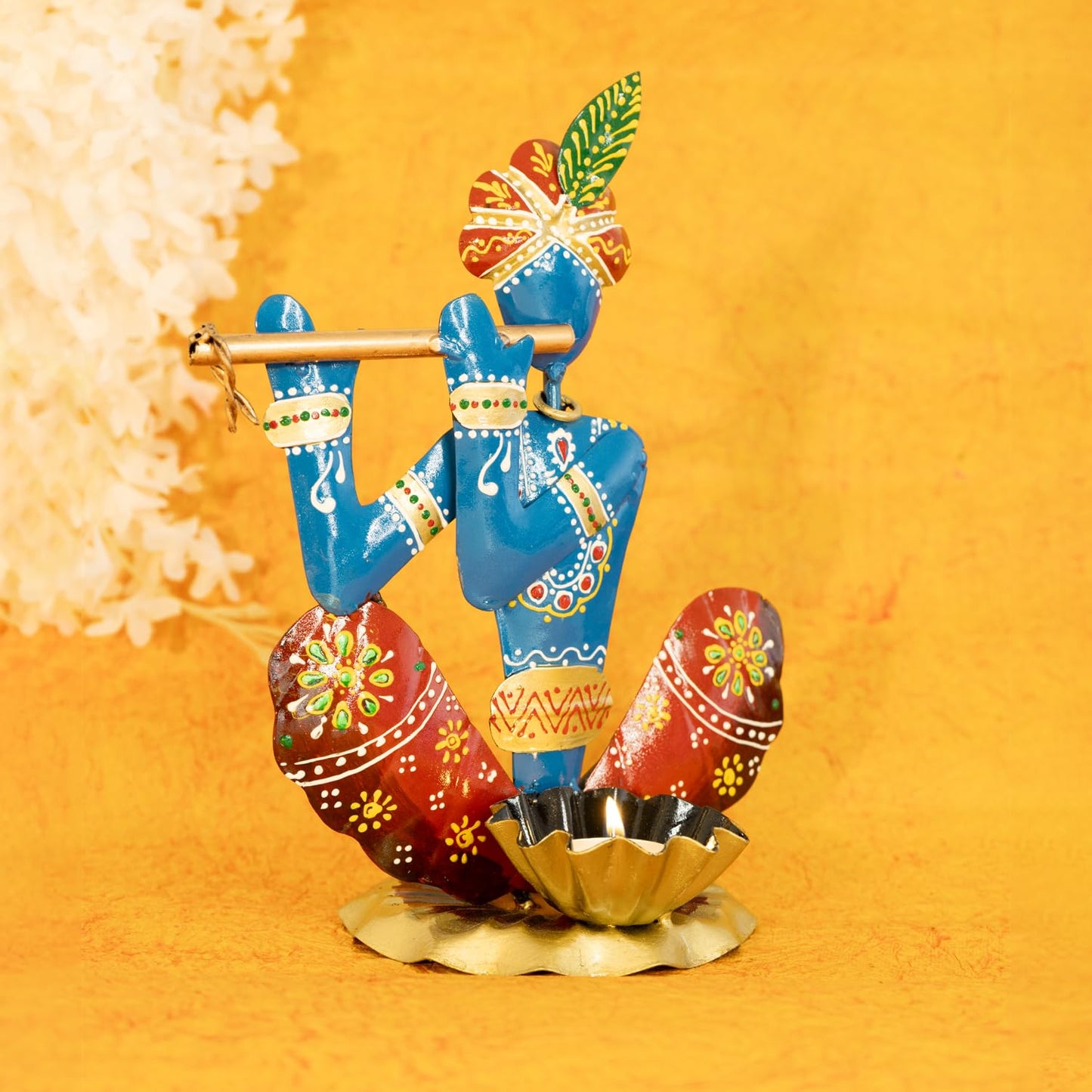 Ekhasa Handpainted Krishna Metal Tealight Candle Holder for Home Decor | Perfect Candle Stand for Diwali Decoration and Table Decor | Festival & Parties Decorative Candles Gift Items